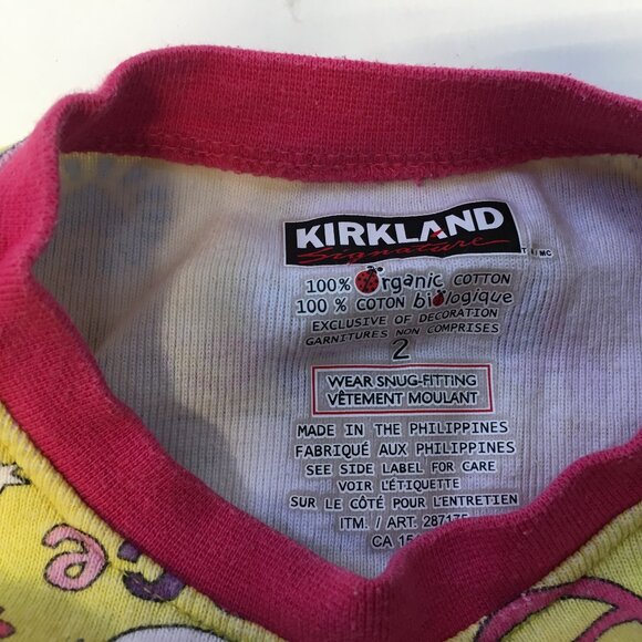 Kirkland Girls Size 2 Pajama Set Yellow Pink Peace Love 100% Organic Cotton - Picture 8 of 16